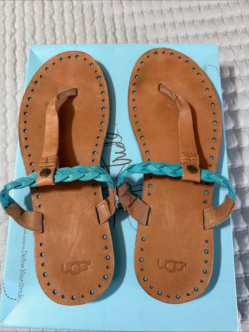 UGG Braided Turquoise and Tan Leather Thong Sandals